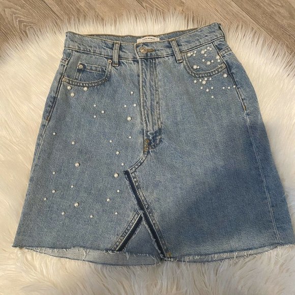 Zara Dresses & Skirts - Zara Denim Skirt Embellished Pearls Raw Ed…